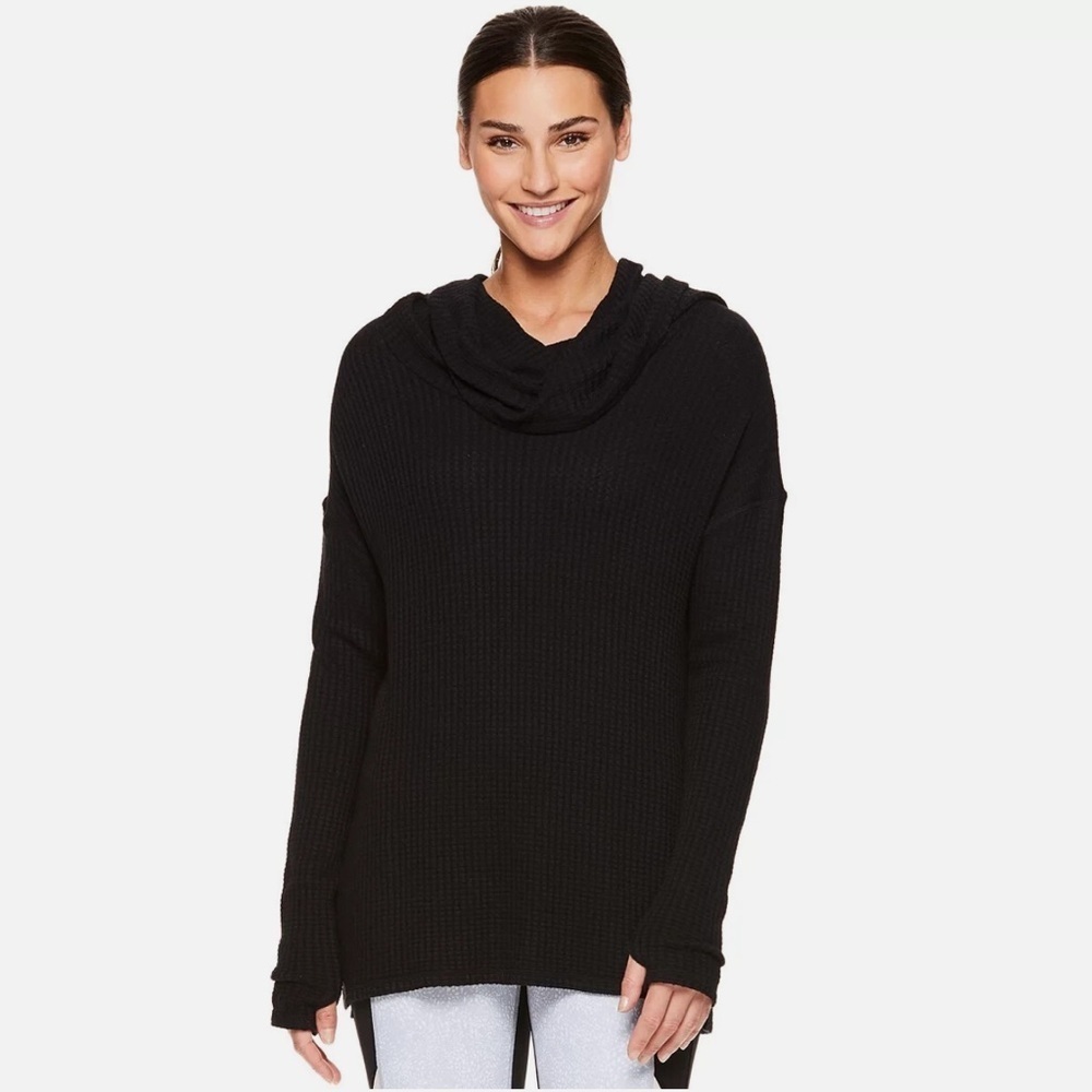 Gaiam Black relax cowl neck tunic hooded lightweight activewear top sz S